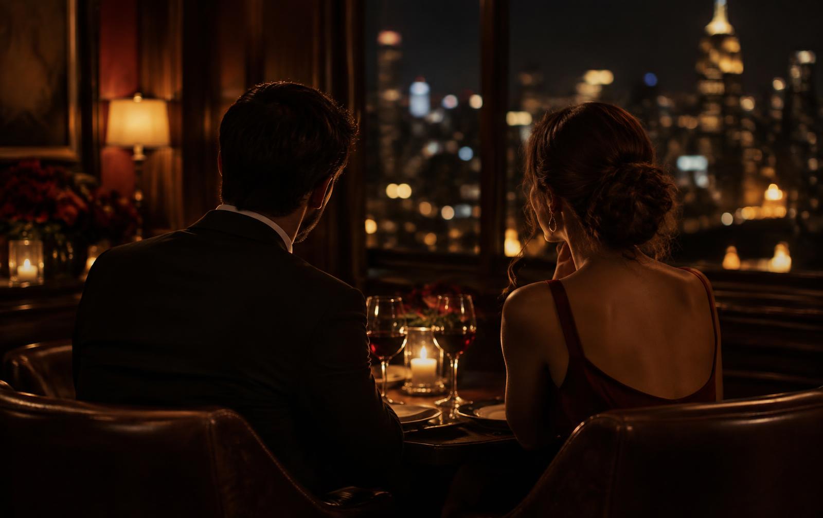 A couple at a candlelit table for two in an elegant restaurant at night, city lights beyond the window