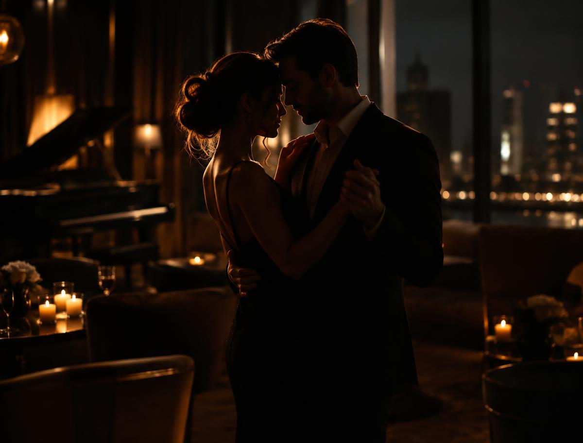 A couple slow dancing in a dim, candlelit lounge at night